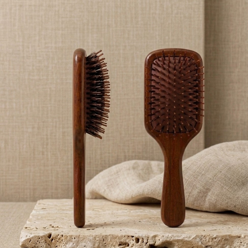 Brosse compacte format Nomade vue de face et de profil sur support épuré