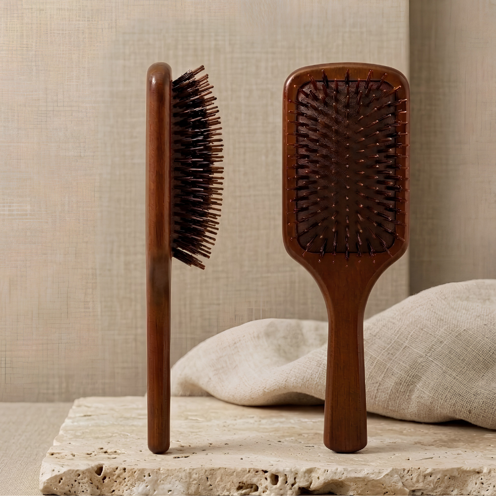 Brosse à cheveux format Essentiel vue de face et de profil sur support en pierre